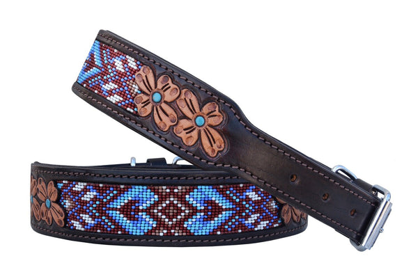 Western Style Beaded and Tooled Leather Dog Collar With Padded Soft Lining 10AB032