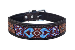 Western Style Beaded and Tooled Leather Dog Collar With Padded Soft Lining 10AB032