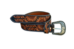 Small  Genuine Leather Western Hand Tooled and Hand Painted Floral Belt  with Removable Buckle 30AB101K