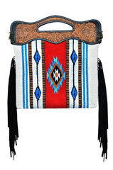 Saddle Blanket Western Style Bag Cowgirl Bag with Fringes,  Hand Tooled Strap and Handle Panels 20AB007R