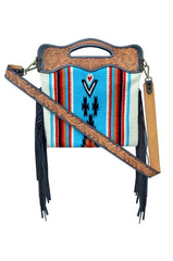 Personalizable Genuine Leather and Saddle Blanket Shoulder Bag with Hand Tooled Strap and Hand tooled Handle 20AB009_B