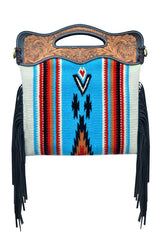 Personalizable Genuine Leather and Saddle Blanket Shoulder Bag with Hand Tooled Strap and Hand tooled Handle 20AB009_B