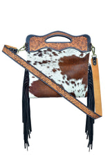 Personalizable Western Leather and Cowhide Shoulder Bag with Hand Tooled Strap and Hand tooled Handle And Fringes 20AB013