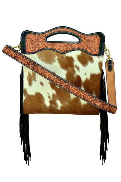 Personalizable Western Leather and Cowhide Shoulder Bag with Hand Tooled Strap and Hand tooled Handle And Fringes 20AB013