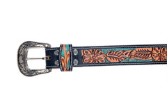 Genuine Leather Western Hand Tooled and Hand Painted Floral Belt  with Removable Buckle 30HQ012