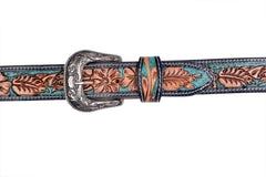 Genuine Leather Western Hand Tooled and Hand Painted Floral Belt  with Removable Buckle 30HQ012