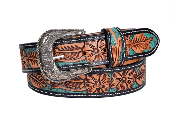 Genuine Leather Western Hand Tooled and Hand Painted Floral Belt  with Removable Buckle 30HQ012