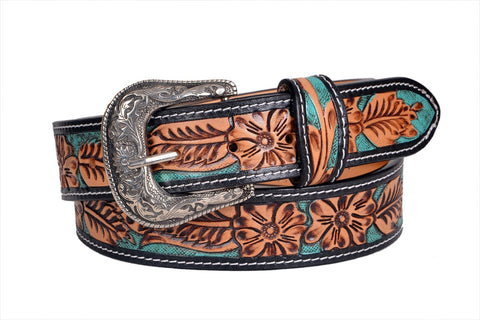 Genuine Leather Western Hand Tooled and Hand Painted Floral Belt  with Removable Buckle 30HQ012