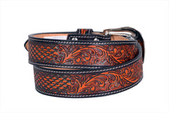 Genuine Leather Western Hand Tooled and Hand Painted Floral Belt  with Removable Buckle 30HQ013