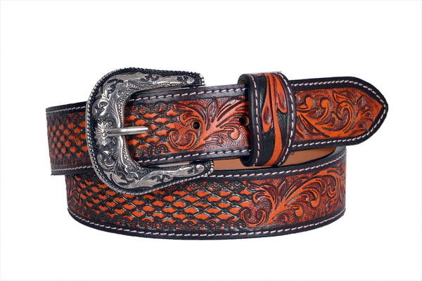 Genuine Leather Western Hand Tooled and Hand Painted Floral Belt  with Removable Buckle 30HQ013