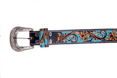 Genuine Leather Western Hand Tooled and Hand Painted Floral Belt  with Removable Buckle 30HQ014