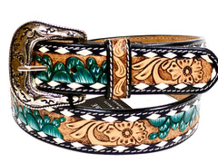 Genuine Leather Western Hand Tooled and Hand Painted Floral Belt  with Removable Buckle 30IS002