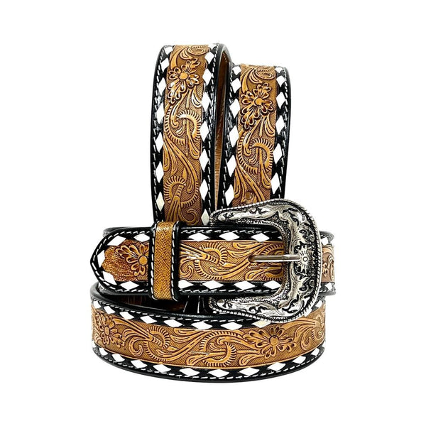 Genuine Leather Western Hand Tooled and Hand Painted Floral Belt  with Removable Buckle 30IS001