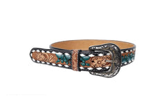 Genuine Leather Western Hand Tooled and Hand Painted Floral Belt  with Removable Buckle 30IS002