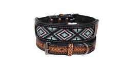 Western Style Beaded and Tooled Leather Dog Collar With Padded Soft Lining 10IS001