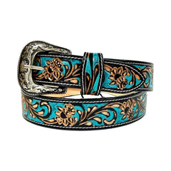 Genuine Leather Western Hand Tooled and Hand Painted Floral Belt  with Removable Buckle 30HQ014