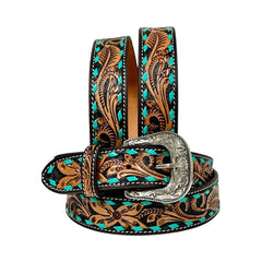 Hand Tooled Western Belt Genuine Leather Belt Floral Design Heavy Duty with Removable Buckle 30WE004