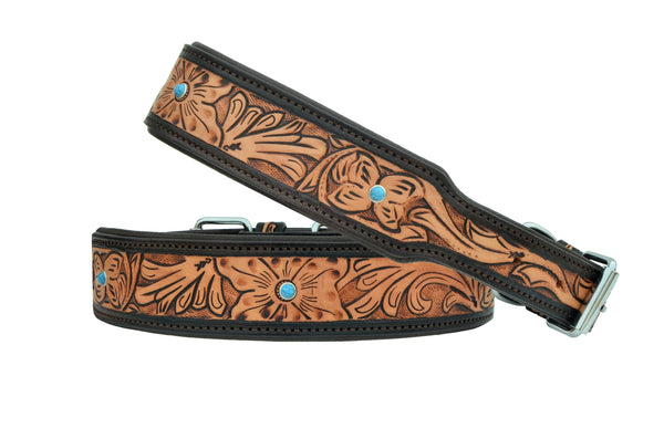 Western Style Hand Tooled Hand Finished Leather Dog Collar With Padded Soft Lining 10AB145