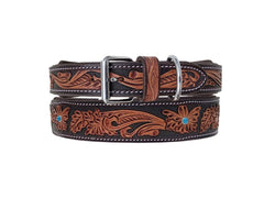 Western Style Hand Tooled Hand Finished Leather Dog Collar With Padded Soft Lining 10AB155