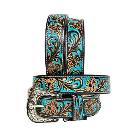 Genuine Leather Western Hand Tooled and Hand Painted Floral Belt  with Removable Buckle 30HQ014