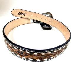 Hand Tooled Western Belt Genuine Leather With White Lacing Floral Design Heavy Duty and Removable Buckle 30WE005