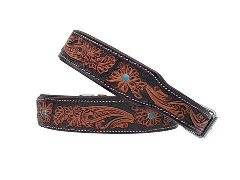 Western Style Hand Tooled Hand Finished Leather Dog Collar With Padded Soft Lining 10AB155