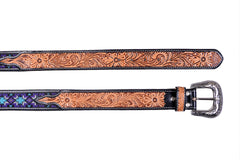 Handmade Western Rodeo Heavy Duty Beaded Full-Grain Leather Tooled Belt Unisex with Removable Buckle  30IS105