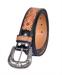 Handmade Western Rodeo Heavy Duty Beaded Full-Grain Leather Tooled Belt Unisex with Removable Buckle  30IS105