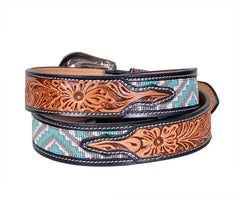 Handmade Western Rodeo Heavy Duty Beaded Full-Grain Leather Tooled Belt Unisex with Removable Buckle  30IS107