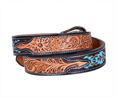 Handmade Western Rodeo Heavy Duty Beaded Full-Grain Leather Tooled Belt Unisex with Removable Buckle  30IS108