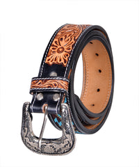 Handmade Western Rodeo Heavy Duty Beaded Full-Grain Leather Tooled Belt Unisex with Removable Buckle  30IS108