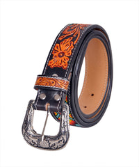 Handmade Western Rodeo Heavy Duty Beaded Full-Grain Leather Tooled Belt Unisex with Removable Buckle  30IS109