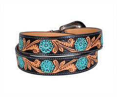 Genuine Leather Western Hand Tooled and Hand Painted Floral Belt  with Removable Buckle 30IS003