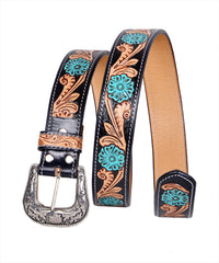 Genuine Leather Western Hand Tooled and Hand Painted Floral Belt  with Removable Buckle 30IS003