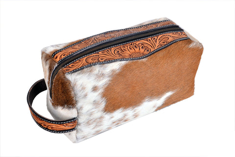 Tooled Handmade Hair-on Cowhide Leather Shaving bag Toiletry Organizer Shaving Kit With Waterproof Lining 20IS303