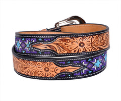 Handmade Western Rodeo Heavy Duty Beaded Full-Grain Leather Tooled Belt Unisex with Removable Buckle  30IS105