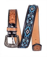 Handmade Western Rodeo Heavy Duty Beaded Full-Grain Leather Tooled Belt Unisex with Removable Buckle  30IS106