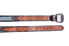 Handmade Western Rodeo Heavy Duty Beaded Full-Grain Leather Tooled Belt Unisex with Removable Buckle  30IS107