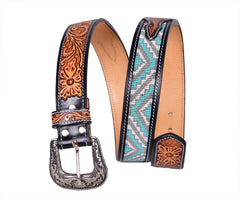 Handmade Western Rodeo Heavy Duty Beaded Full-Grain Leather Tooled Belt Unisex with Removable Buckle  30IS107