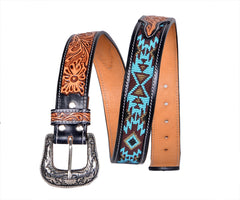 Handmade Western Rodeo Heavy Duty Beaded Full-Grain Leather Tooled Belt Unisex with Removable Buckle  30IS108