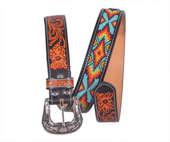 Handmade Western Rodeo Heavy Duty Beaded Full-Grain Leather Tooled Belt Unisex with Removable Buckle  30IS109