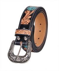 Genuine Leather Western Hand Tooled and Hand Painted Floral Belt  with Removable Buckle 30IS003