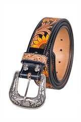 Genuine Leather Western Hand Tooled and Hand Painted Floral Belt  with Removable Buckle 30IS004