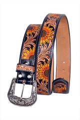 Genuine Leather Western Hand Tooled and Hand Painted Floral Belt  with Removable Buckle 30IS004