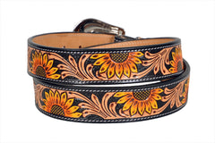 Genuine Leather Western Hand Tooled and Hand Painted Floral Belt  with Removable Buckle 30IS004