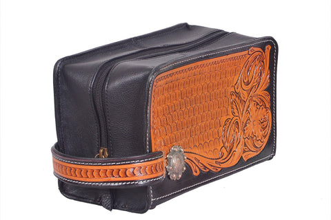 Hand Tooled Men / Women Travel Toiletry Organizer Shaving Kit Tooled Leather Bag With Waterproof Lining 20IS301