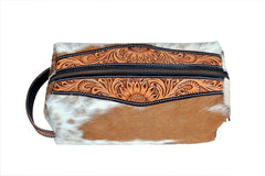 Tooled Handmade Hair-on Cowhide Leather Shaving bag Toiletry Organizer Shaving Kit With Waterproof Lining 20IS303