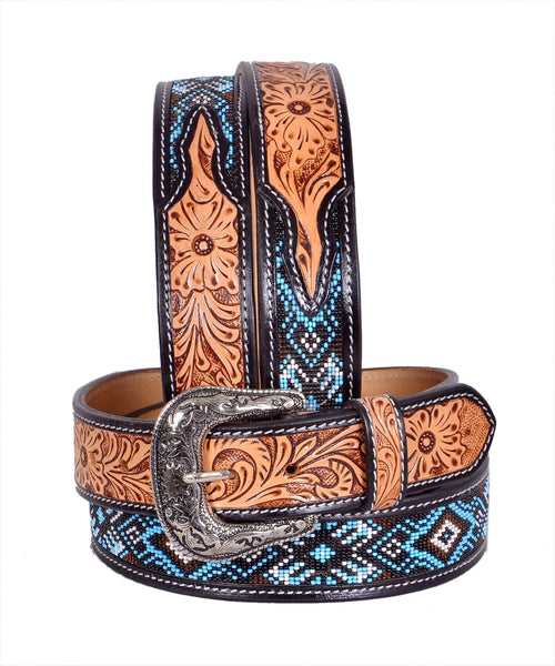 Handmade Western Rodeo Heavy Duty Beaded Full-Grain Leather Tooled Belt Unisex with Removable Buckle  30IS106