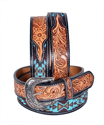 Handmade Western Rodeo Heavy Duty Beaded Full-Grain Leather Tooled Belt Unisex with Removable Buckle  30IS108