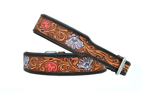 Western Style Hand Tooled Hand Finished Leather Dog Collar With Padded Soft Lining 10AB144